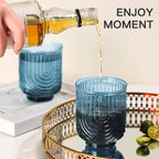 JOVGANK Blue Vintage Glassware Set of 6-14Oz Blue Water Drinking Glass, Art Deco Ripple Highball Glass, Whiskey Cocktail Glasses, for Bar Ice Coffee Juice, Housewarming Gifts and Mother's Day Gift