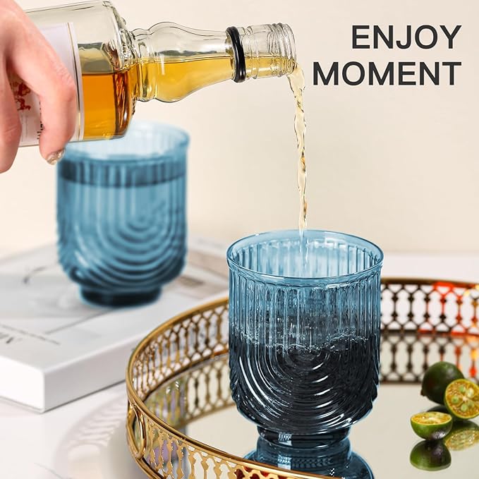 JOVGANK Blue Vintage Glassware Set of 6-14Oz Blue Water Drinking Glass, Art Deco Ripple Highball Glass, Whiskey Cocktail Glasses, for Bar Ice Coffee Juice, Housewarming Gifts and Mother's Day Gift