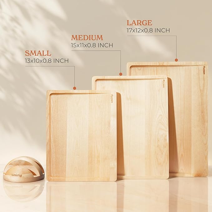 SMIRLY Wood Cutting Boards for Kitchen Wooden Chopping Board Set Reversible with Deep Juice Grooves Grip Handles, Large Charcuterie Tray for Home Kitchen, Natural Birch, 3Pcs with Holder