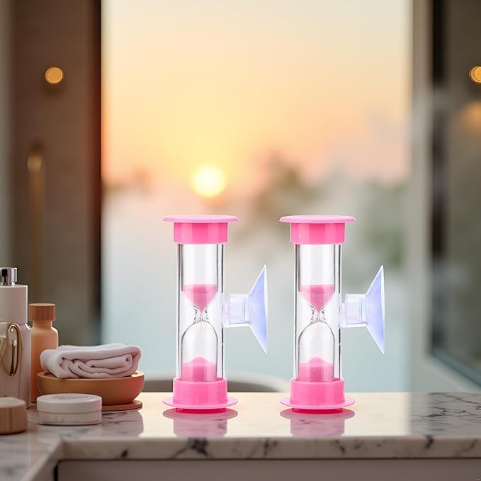 2Pcs Pink 2 Minute Plastic Sand Timer Hourglass Sand Clock with Suction Cup Time Funnel Shower Timer Tooth Brushing Time Reminder Timers Thermometers Kitchen and Dining