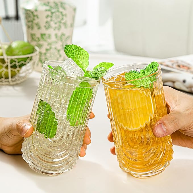 Ribbed Glassware Set of 8, 4 pcs Coffee Tumbler & 4 pcs Rocks Glass Cups, Durable Cocktails & Iced Coffee Cups, Versatile Drinkware for Juice, Smoothies, Whiskey, Wine, Elegant Glass Set for Women