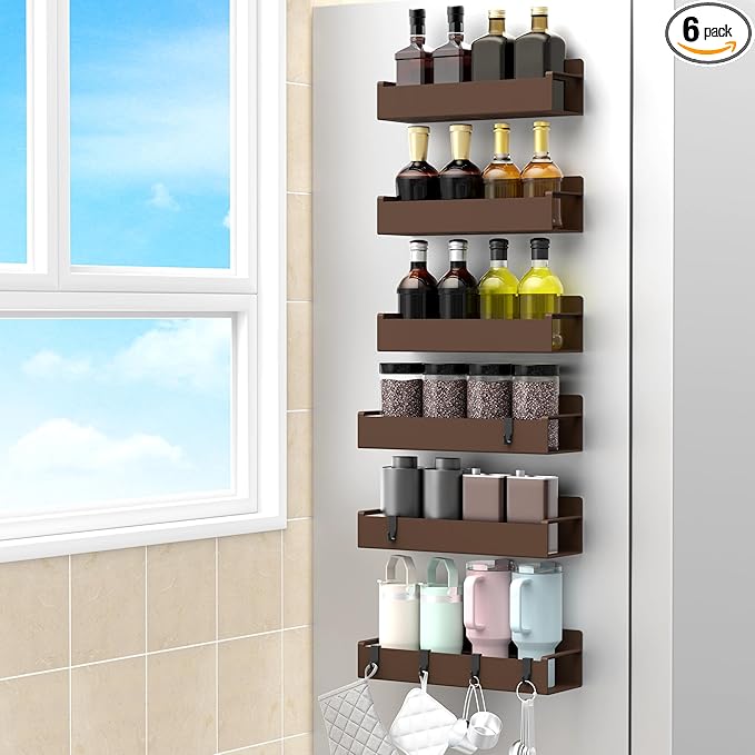 HuggieGems 6 Pack Magnetic Spice Rack Organizer for Refrigerator and Oven, Brown Fridge Organizers and Storage for Kitchen
