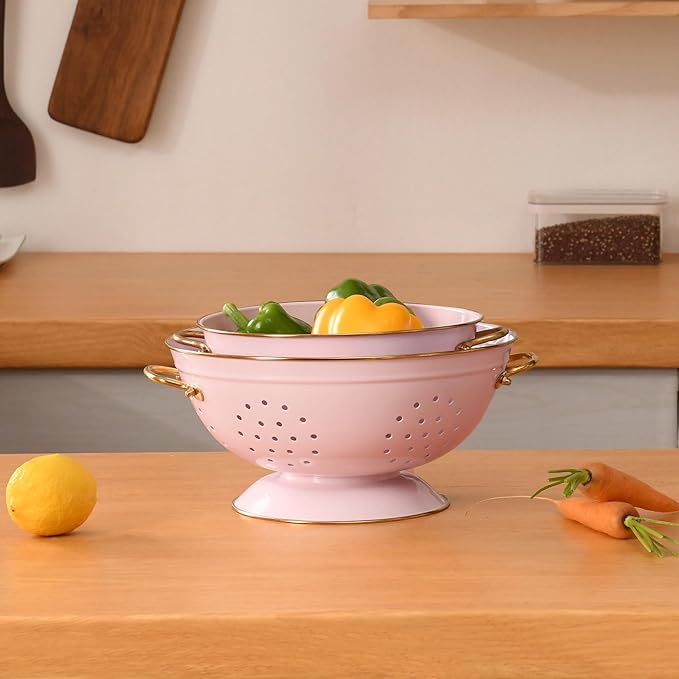 Metal Colander Set of 2, Strainer Basket with Handles 3.5 & 5 Qt Powder Coated Self-draining Solid Ring Base Metal Large Kitchen Colander Bowel for Pasta Vegetable Fruit (PINK)