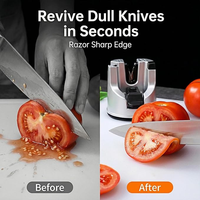 Knife Sharpener for Kitchen Knives, 3-Stage Suction Cup Sharpening Tool for Straight and Serrated Blades, Scissors Sharpener with Auto-Adjust Angle, Safe One-Handed Chef Knife Accessories