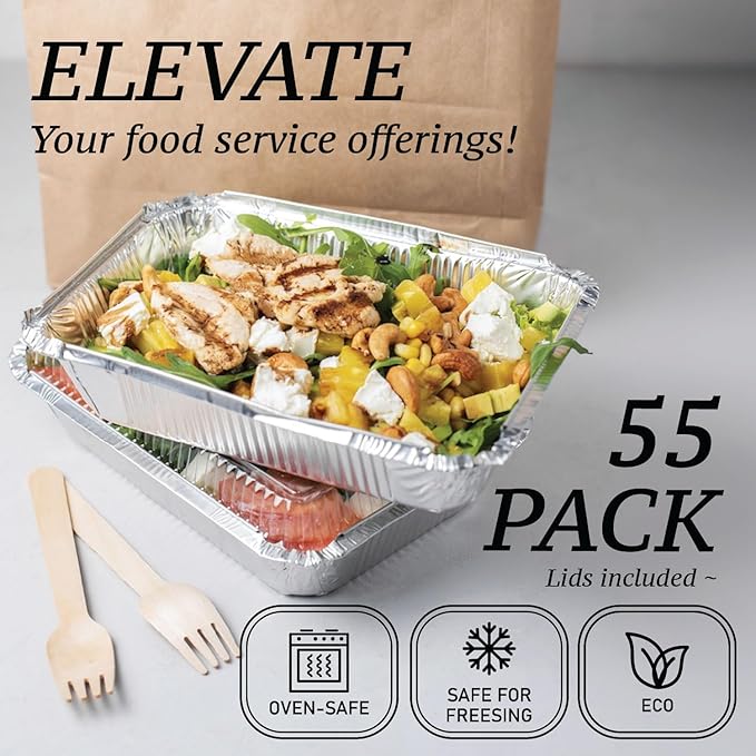 Spare Essentials (55 Count) 2.25LB Aluminum Containers with Lids (8.5"x6") - Disposable Foil Container for Takeout, Baking, Freezing, Food Storage - Aluminum Pans with Lids, To Go Containers