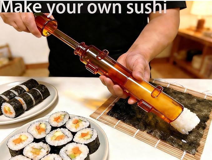 Sushi Making Kit – Clear Sushi Bazooka Roller & Bamboo Sushi Rolling Mat, Easy DIY Sushi Maker Tool Set for Beginners, Homemade Sushi Rolls for Kitchen & Party (Clear Amber)