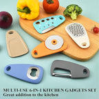 Kitchen Gadgets Set 6 Pieces, Space Saving Cooking Tools Kitchen Accessories-Garlic/Ginger Grinder, Cheese Grater, Vegetable/Fruit Peeler, Pizza Cutter, Herb Stripper, Bottle Opener, Gadgets Gift Set