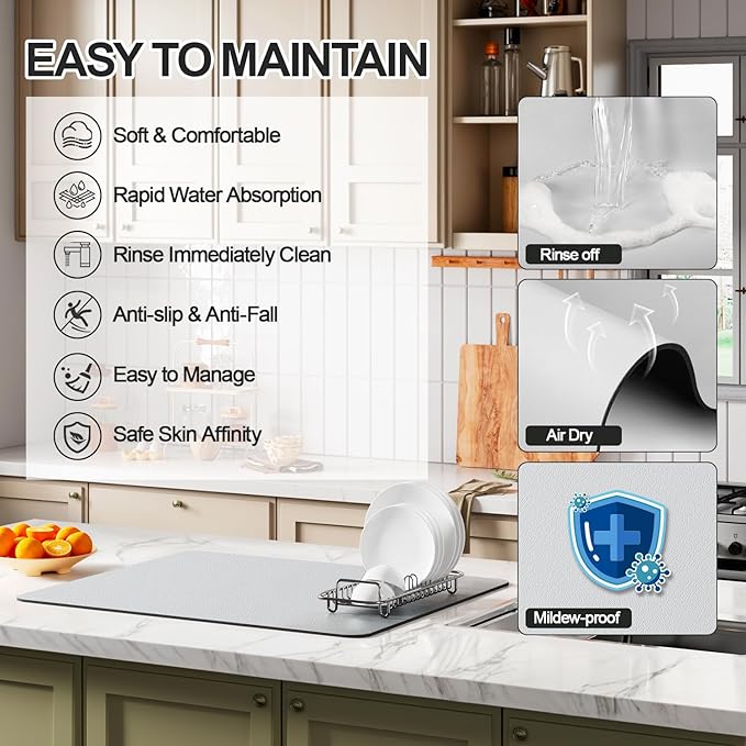 Ecotrim - Dish Drying Mat for Kitchen Counter | Coffee Bar Mat for Countertops | Heat Resistant Drainer Mat with Non-slip Rubber Backed | Hide Stain Kitchen Absorbent Draining Mat | Light Grey 18"x24"