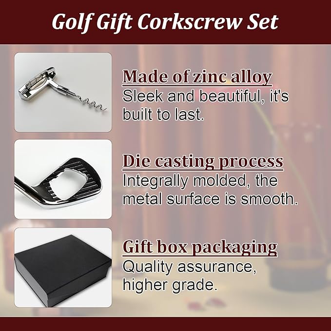 Golf Club Bottle Opener, Wine Opener & Stoppers Set Zinc Alloy Manual Wine Bottle Opener for Golf & Wine Lovers, Set of 3