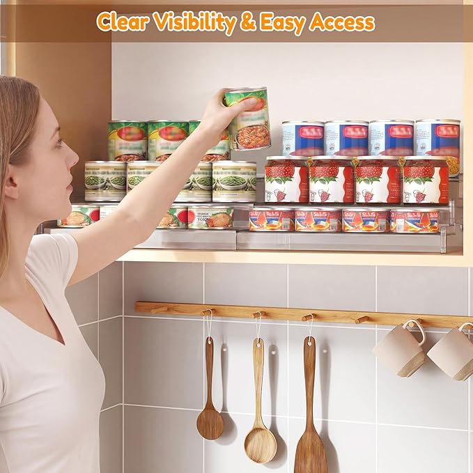 Yecuip Expandable Can Rack Organizer for Pantry, 3-Tier Adjustable Acrylic Can Storage Holder, Holds Up to 24 Cans, Canned Food Organizer for Cabinet, Countertop, Kitchen