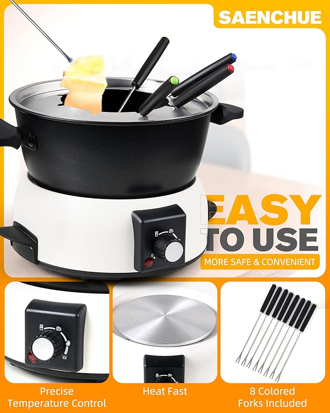3-Quart Electric Fondue Pot Set – Stainless Steel Fondue Pot with 8 Color-Coded Forks, 3-Mode Adjustable Temperature Control for Cheese, Chocolate, Oil, and Hotpot, Model FD-10B