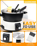 3-Quart Electric Fondue Pot Set – Stainless Steel Fondue Pot with 8 Color-Coded Forks, 3-Mode Adjustable Temperature Control for Cheese, Chocolate, Oil, and Hotpot, Model FD-10B