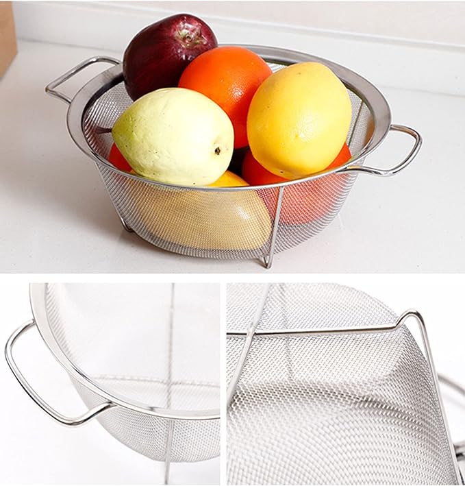 AJIODA Stainless Steel Mesh Colander Strainer Basket, 3 Quart Fine Mesh Net Colander with Heavy Duty Handles & Wide Rim & Resting Feet for Strain, Drain, Rinse, Fry, Steam or Cook Vegetables & Pasta