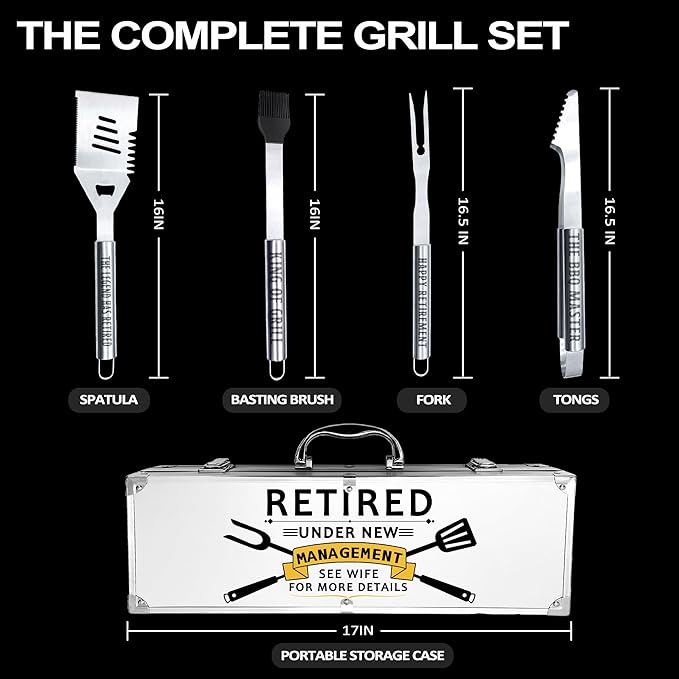 Retirement Gifts for Men, Retired Gifts for Men, Dad, Grandpa, Coworker, Teacher, Boss, Retirees Heavy Duty Grilling Accessories for BBQ, Thick Stainless Steel Grill Utensils with Non-Slip Handle Tool