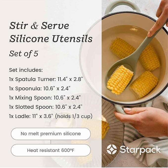 Starpack 'Stir & Serve' Silicone Cooking Utensils Set (5 Pcs) - 10.5" - Kitchen Utensil Set Heat Resistant to 600°F - Kitchen Utensils for Nonstick Cookware - Silicone Utensil Set for Mixing & Cooking
