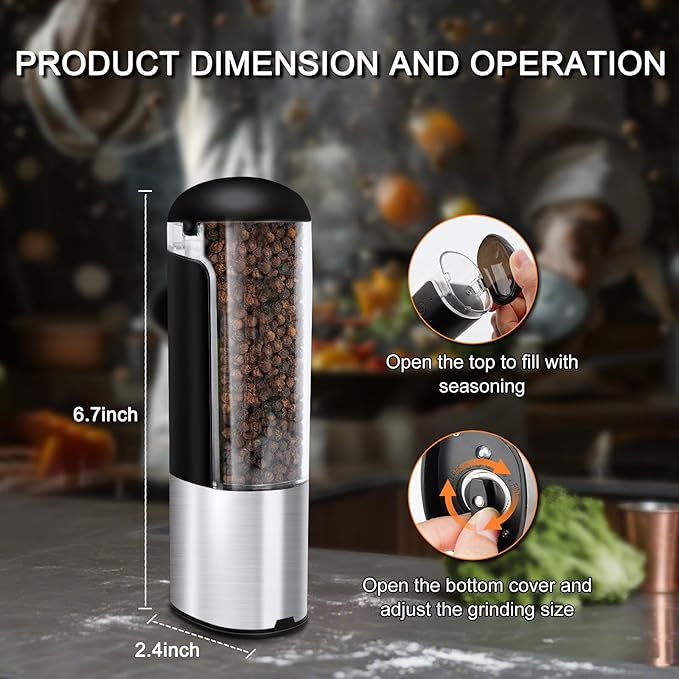 Electric Salt and Pepper Grinder Set Rechargeable for USB, Automatic Adjustable Gravity Pepper Mill, Spice Grinder Refillable in Kitchen, salt and pepper shakers set, 80ml Capacity, 2-Piece Black