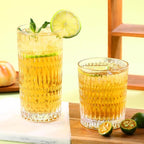 Loivttvv Glassware Drinking Glasses Set of 8, 14 oz Highball Glasses & 10 oz Ribbed Glass Cups, Vintage Glassware for Water, Juice, Cocktail, Whiskey (Clear)
