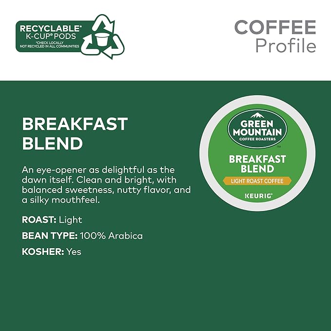 Green Mountain Coffee Roasters Breakfast Blend Single-Serve Keurig K-Cup Pods, Light Roast Coffee, 12 Count