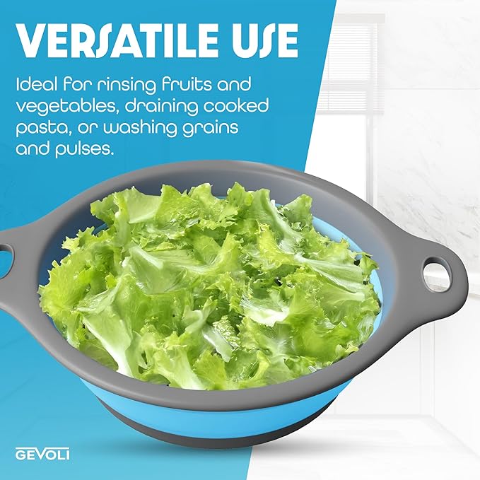 Gevoli Strainer with Self-Draining Base (5QT) Over-Sink Collapsible Kitchen Colander Set with Side-drain Base for Pasta Vegetables and Fruit, XL Large Capacity, Dishwasher Safe (5-Quart) Blue/Gray