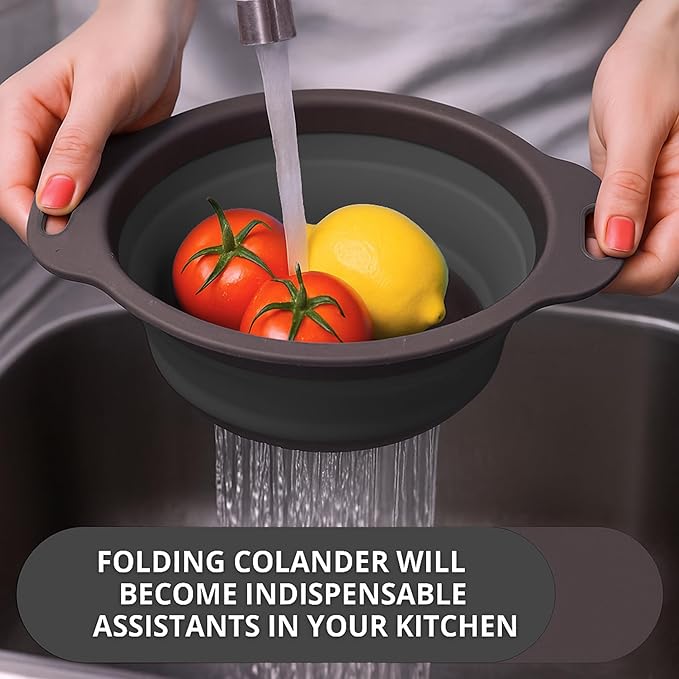 Small Food Strainer for Kitchen - Black Silicone Colander with Handle for Spaghetti and Pasta Multifunctional Colander for Camping