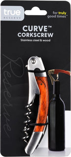 True Reserve Curve Waiters Corkscrew Wine Opener with Foil Cutter, Wood and Stainless Steel, Manual Wine Bottle Opener for Bartenders, Servers, Home Bar Tools, Bar Cart Accessories, Set of 1