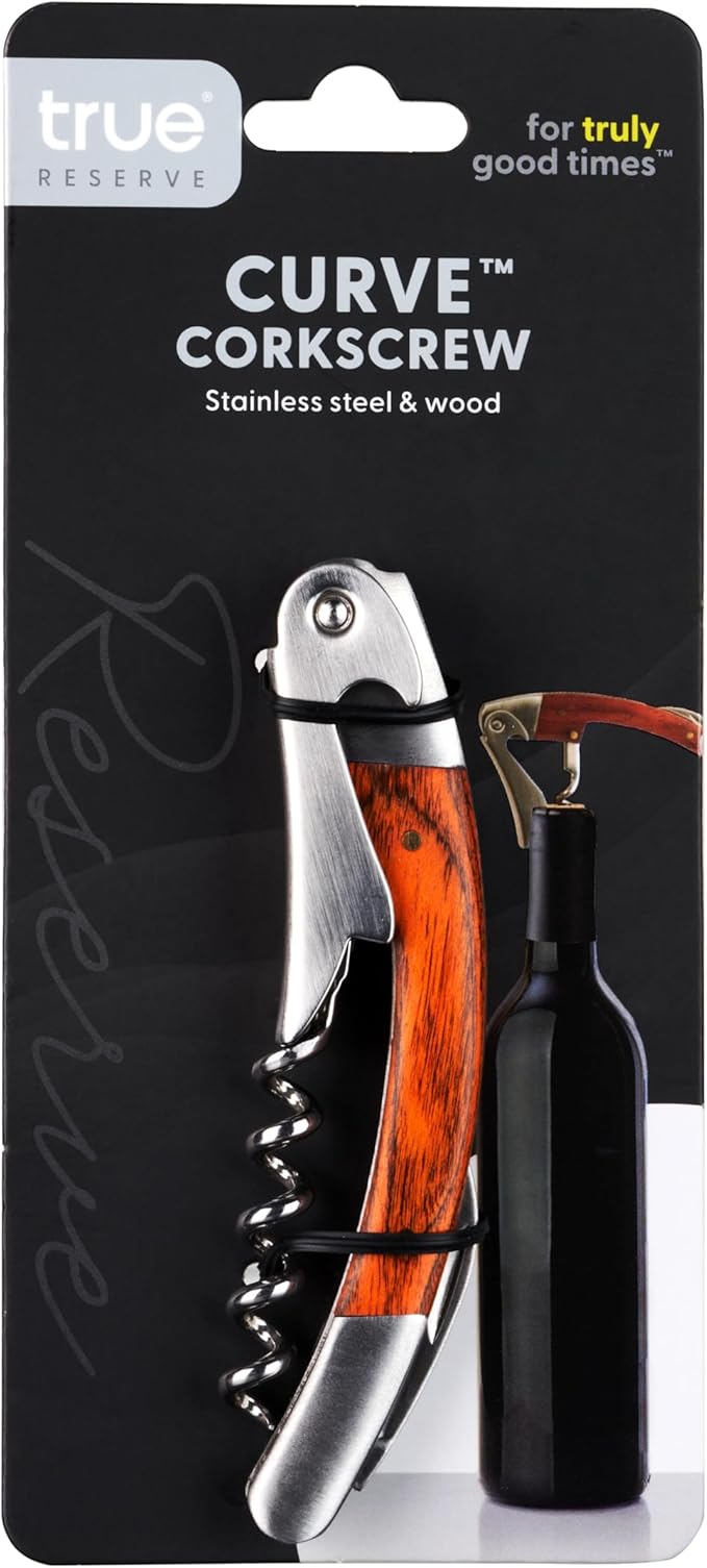 True Reserve Curve Waiters Corkscrew Wine Opener with Foil Cutter, Wood and Stainless Steel, Manual Wine Bottle Opener for Bartenders, Servers, Home Bar Tools, Bar Cart Accessories, Set of 1