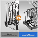 Mustorn Pots and Pans Organizer Under Cabinet, 21.6" Deep Pull Out Pot Lid Organizer Holder with Guardrail Adhesive Pot and Pan Holder Rack with 10 Adjustable Dividers-1 Pack(Black)