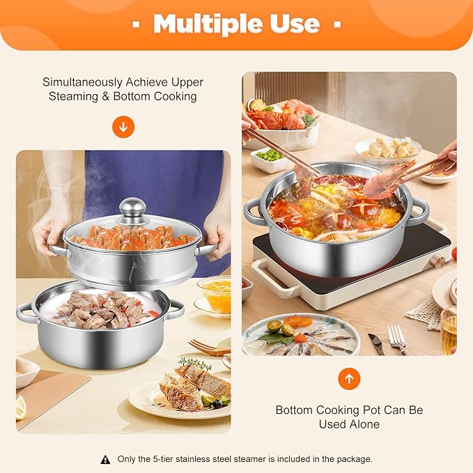 Steamer for Cooking, 5-Tier Stainless Steel Steamer Pot, Multipurpose Stackable Food Steam Pots Kitchen Steaming Cookware with Glass Lid for Induction, Gas, Electric Stoves, Composite Pot Base