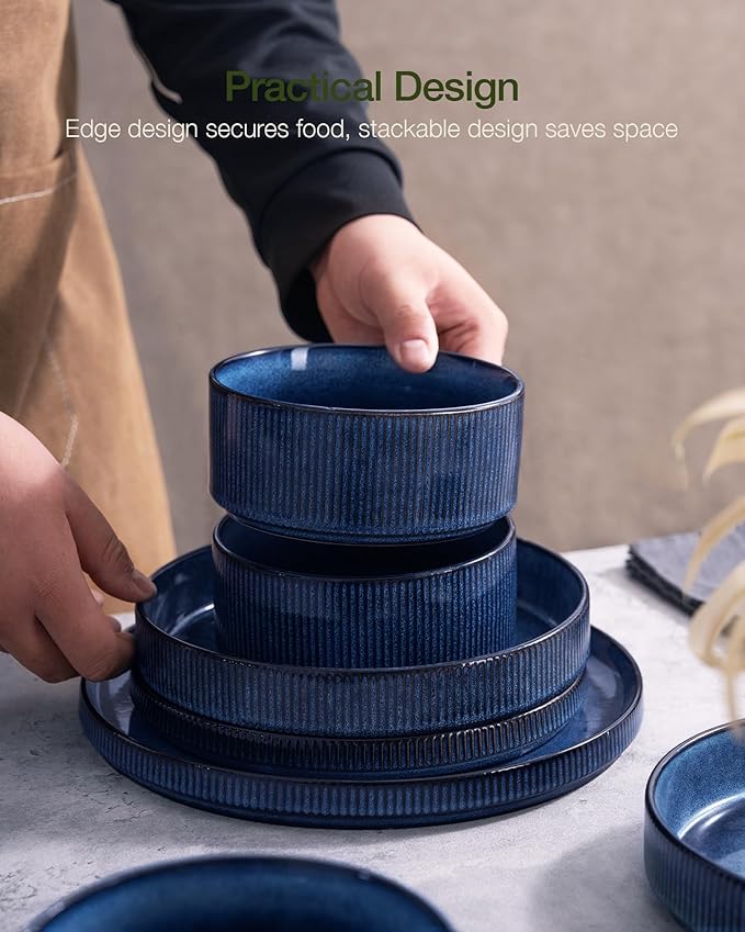 Famiware Star 24-Piece Stoneware Dinnerware Sets, Service for 6 - Reactive Glaze Mugs, Plates and Bowls, Dishes for Everyday/Formal Use, Chip/Scratch Resistant, Microwave/Dishwasher Safe, Nebulas Blue