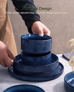 Famiware Star 18-Piece Reactive Glaze Plates and Bowls Sets, Service for 6 - Stoneware Dinnerware with Trim, Modern Rustic Dishes, Chip & Scratch Resistant, Microwave & Dishwasher Safe, Nebulas Blue