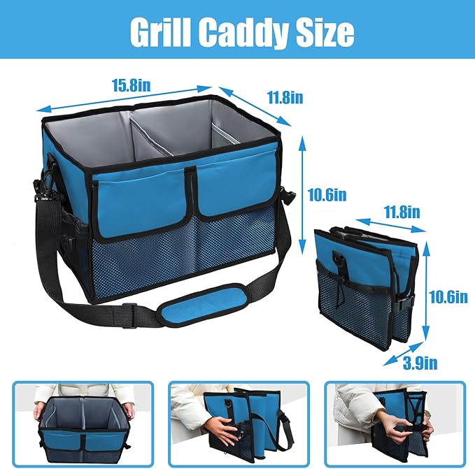 Large Grill Caddy with Paper Towel Holder - BBQ Caddy Organizer for Utensil, Condiment - Easy Carry Picnic Bag - Griddle Bag for Camping, Travel, RV - 600D Waterproof Oxford Fabric, Blue