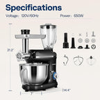 VIVOHOME 3-in-1 Stand Mixer, 6 Quart Electric Tilt-Head Kitchen Mixer with Bowl, Multifunctional Food Mixer with Meat Grinder and Blender Attachments, Dough Hook, Beater, and Whisk, Black