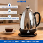 APOXCON Electric Coffee Percolator Stainless Steel Coffee Maker with Clear Brew Progress Knob & Cleaning Brush Auto Keep Warm Cordless Serving elegant design Coffee pot with On/OFF Switch (10 Cup)