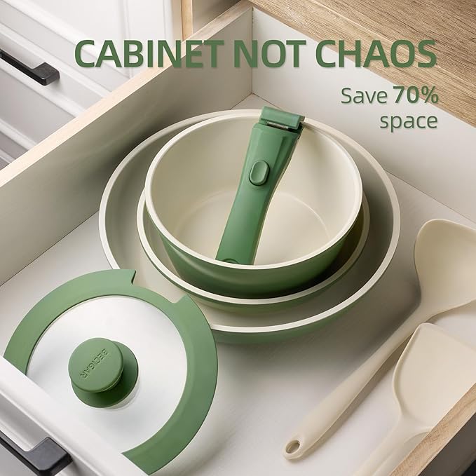BECIGAR 8PCS Ceramic Cookware,Nonstick Ceramic Pan, Removable Handle Pots and Pans Set, Stackable Set, Nonstick Pan Pots and Pans Set Non Stick pot (Green)