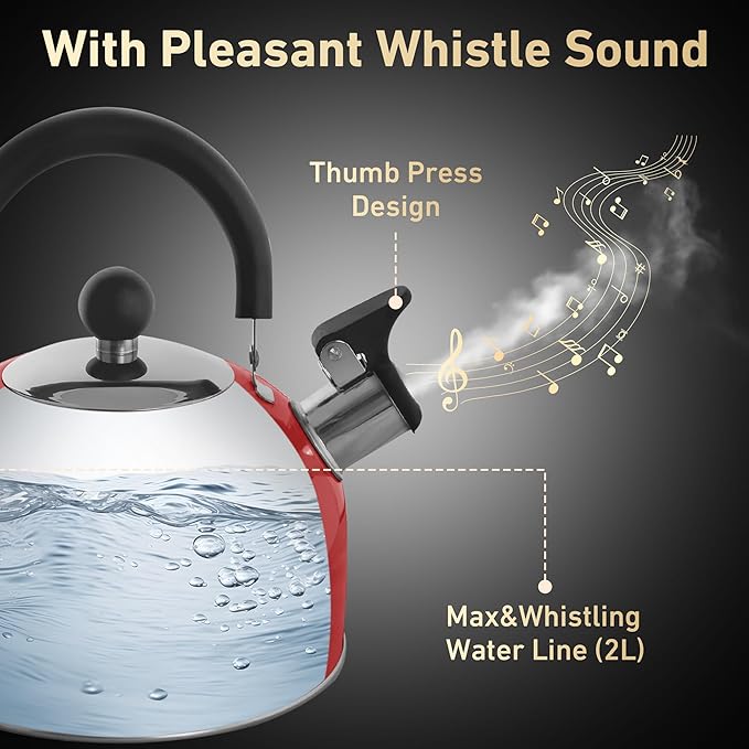 Lily's Home 2 Quart Stainless Steel Whistling Tea Kettle, the Perfect Stovetop Tea and Water Boilers for Your Home, Dorm, Condo or Apartment. Red