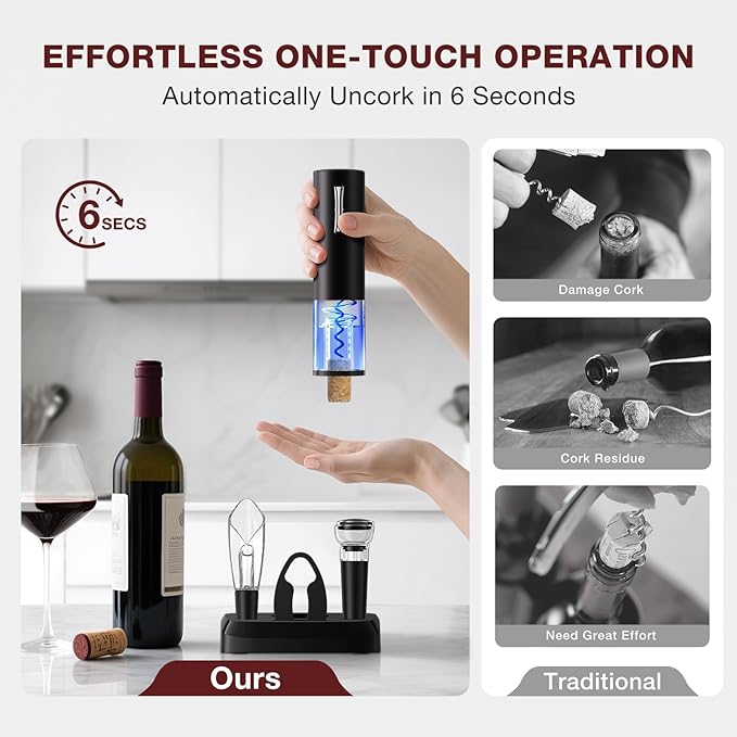 Electric Wine Opener Set, 7-in-1 Wine Gift Set with Charging Base, Foil Cutter, Aerator Pourer, 2 Vacuum Stoppers, Automatic Corkscrew, Wine Saver Kit, Holiday Christmas Gift for Men & Women