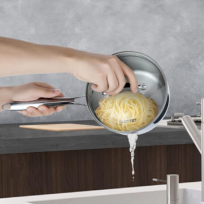 SLOTTET Tri-Ply Whole-Clad Stainless Steel Sauce Pan with Pour Spout,2.5 Quart Small Multipurpose Pasta Pot with Strainer Glass Lid, Saucepan for Cooking with Stay-cool Handle.