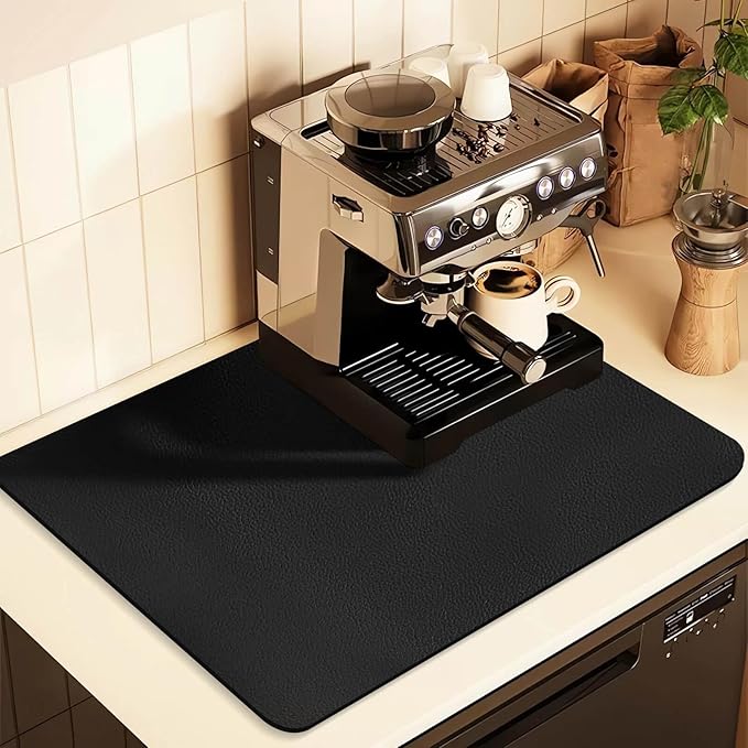 Coffee Mat for Countertops,Coffee Bar Accessories Fit Under Coffee Maker Espresso Machine, Absorbent Hide Stain Rubber Mat for Countertop,Dish Drying Mat for Kitchen Counter (Black, 16"x24")