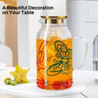 Buaic Glass Pitcher with Lid and Handle,2 PACK 68 oz/2 Liter Vintage Hand Painted Butterfly Design Fridge Water Pitcher, Borosilicate Glass Water Carafe for Hot/Cold Water Iced Sun Tea,Heat Resistant