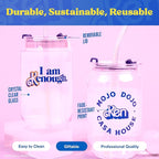 Dragon Glassware x Barbie The Movie - 16 oz Glass Cups with Lids and Straws, Set of 2 - Iced Coffee Cups with Lids - Versatile Glass Tumbler with Straw and Lid - I'm Just Ken