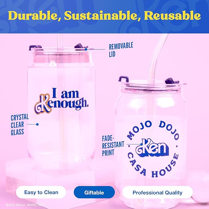 Dragon Glassware x Barbie The Movie - 16 oz Glass Cups with Lids and Straws, Set of 2 - Iced Coffee Cups with Lids - Versatile Glass Tumbler with Straw and Lid - I'm Just Ken