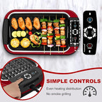 Indoor Smokeless Grill, Techwood 1500W Electric Indoor Grill with Tempered Glass Lid, Portable Non-stick Korean BBQ, Turbo Smoke Extractor Technology, Drip Tray& Double Removable Plate, Red