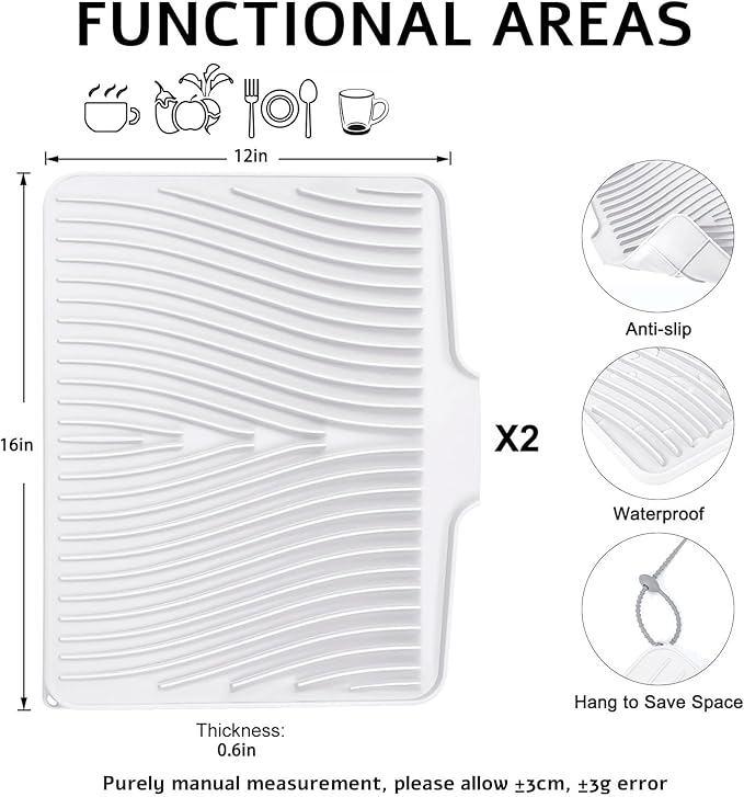 TIKNIK Silicone Dish Drying Mat, Stone Drying Mat for Kitchen Counter with Built-In Drain, Non-Slip Drain Pad with Built-in Drain, Heat Resistant Stone Drying Mat, Hangable, White-2pcs, 16" x 12"