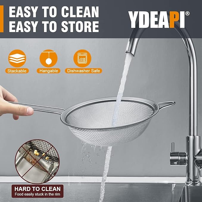 Ydeapi Fine Mesh Strainer, Stainless Steel Kitchen Strainers with Sturdy Handle, Set of 4 Metal Sieve for Food, Rice, Quinoa, Tea - 8.6", 6.3", 4.6", 2.7"