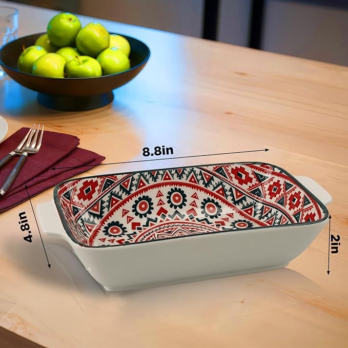 Au Gratin Baking Dish, Single Serving Dish Set of 2 with Handle, Ceramic Casserole Dish for Oven, Vintage Bohemian Bakeware for Fruit, Salads, Desserts, 8.8 Inch, Small Individual (Rectangular)