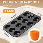 2 Set 12-cup Non Stick Carbon Steel Muffin Pan for Baking with 24 Reusable Silicone Liners, Non Toxic Cupcake Pan Muffin Tin for Easter Wedding Brownies Egg Bite, Easy to Pop(Orange)