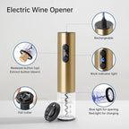 Rechargeable Wine Opener by ELMWAY, Electric Wine Bottle Opener with Foil Cutter, LED Light and Stainless Steel Shell, Cordless Corkscrew & Cork Remover, Gifts for Wine lover- Gold