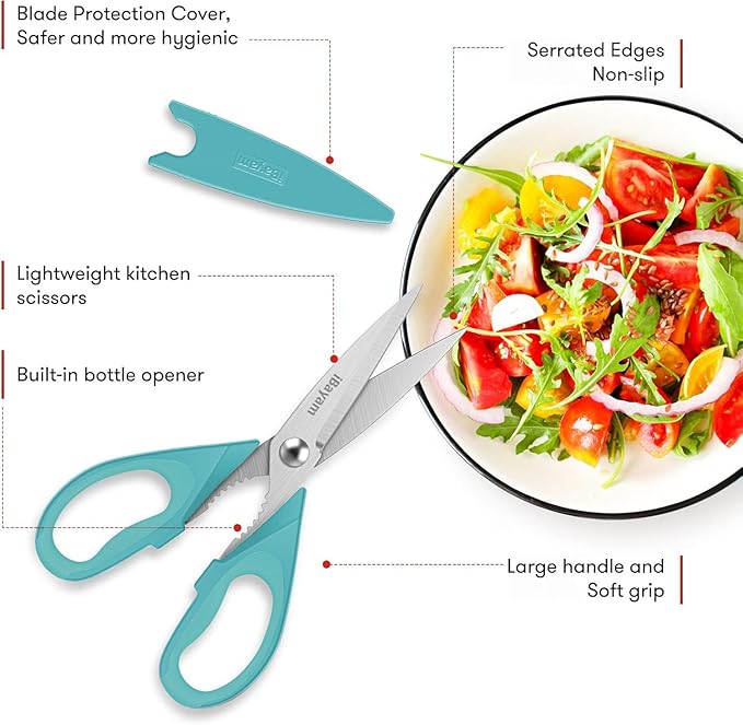 Kitchen Shears, iBayam Kitchen Scissors Heavy Duty Meat Scissors Poultry Shears, Dishwasher Safe Food Cooking Scissors All Purpose Stainless Steel Utility Scissors, 2-Pack (Black, Aqua Sky, 8-inch)