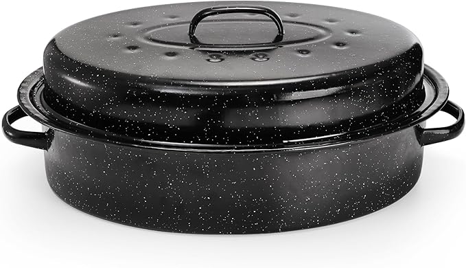 TOPZEA Granite Roasting Pan with Lid, 18" x 12.5" Turkey Roaster Pan Enameled on Steel Nonstick, Covered Oval Roaster Pot Oven Broiler Pan Cookware for Turkey, Chicken, Ham Meat Roast, Dishwasher Safe
