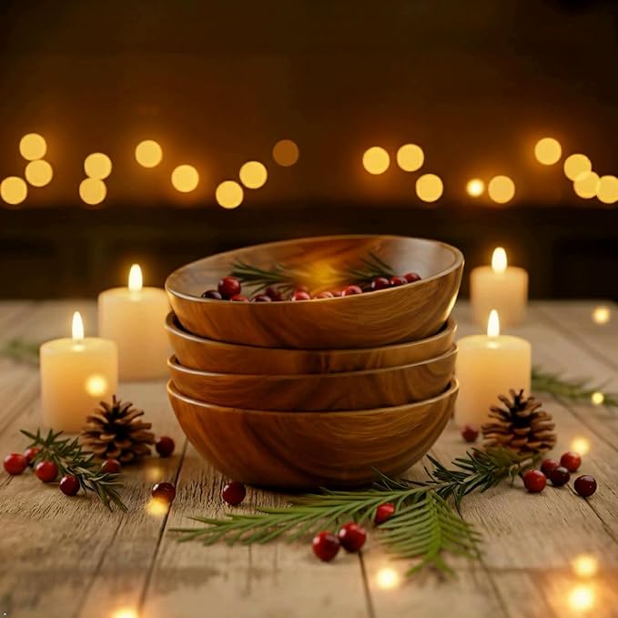 Wooden Salad Bowl Set – Set of 4 Acacia Wood 7” Wood Salad Bowls for Food, Rustic Handcrafted Kitchenware for Snacks, Fruit & Sides, Gift-Ready for Holidays & Housewarming